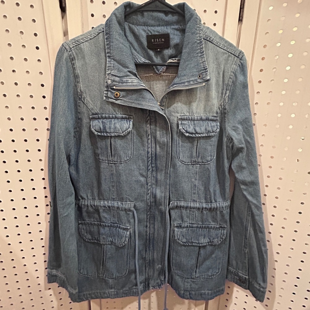 RISEN Denim Utility Jacket Medium Wash Drawstring Waist Front Pockets Size S